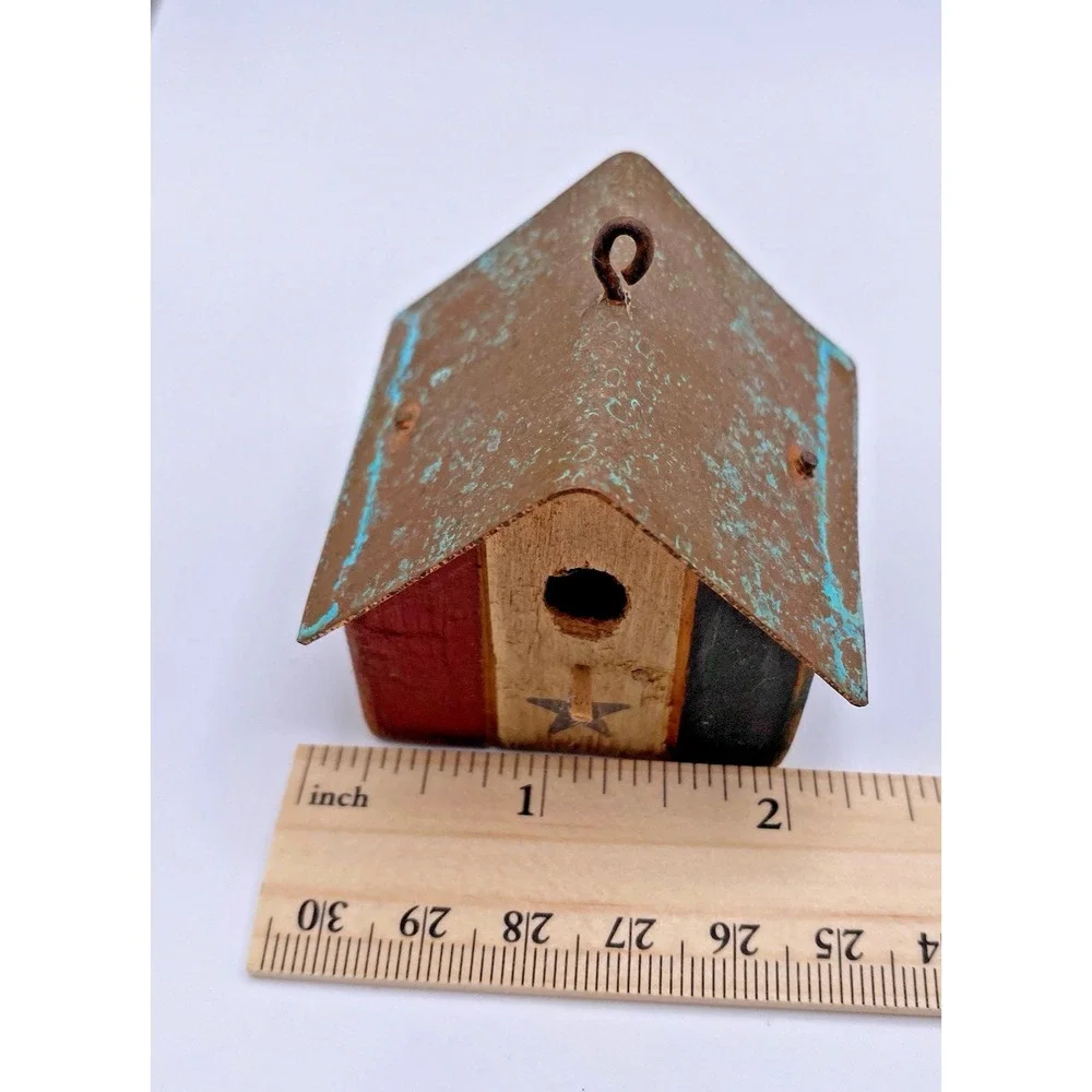 Vintage Americana Rustic Primitive Flag Metal Birdhouse Copper Roof Hang Mini